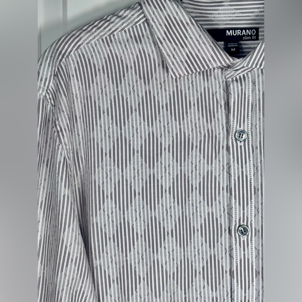 Murano Slim Fit Gray White Textured Stripe Diamond Weave Shirt Men’s M - Picture 2 of 9